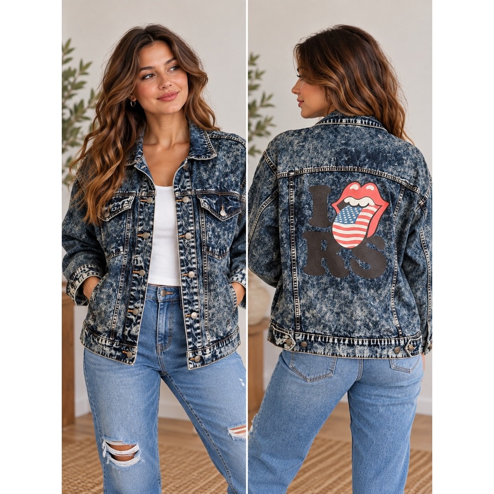 The Rolling Stones Denim Jacket Women XL Blue Acid Wash Rock Americana Aesthetic